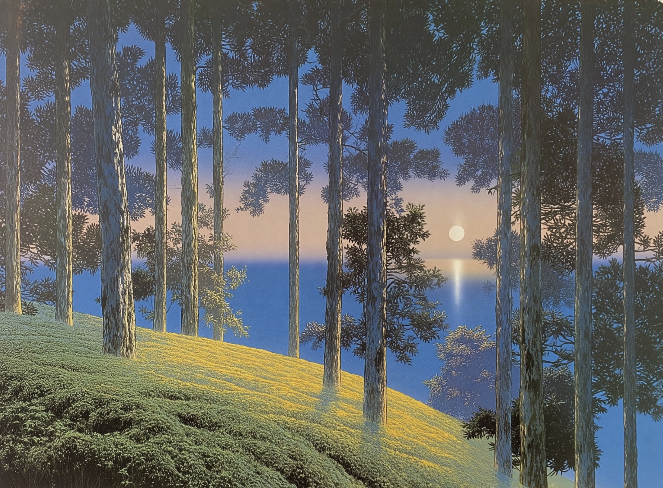 Print of tall pines on a flowering hillside, looking out over a calm sea with the moon low on the horizon